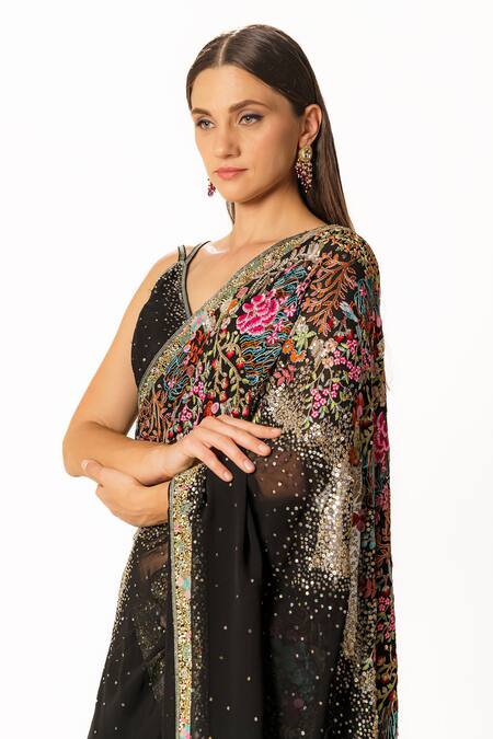 Rabani & Rakha Black Net, Georgette Sequins, Pearls, Cut Work, Floral Resham Saree Set at Aza Fashions Rabani & Rakha_Black Net, Georgette Sequins, Pearls, Cut Work, Floral Resham Saree Set _at_Aza_Fashions