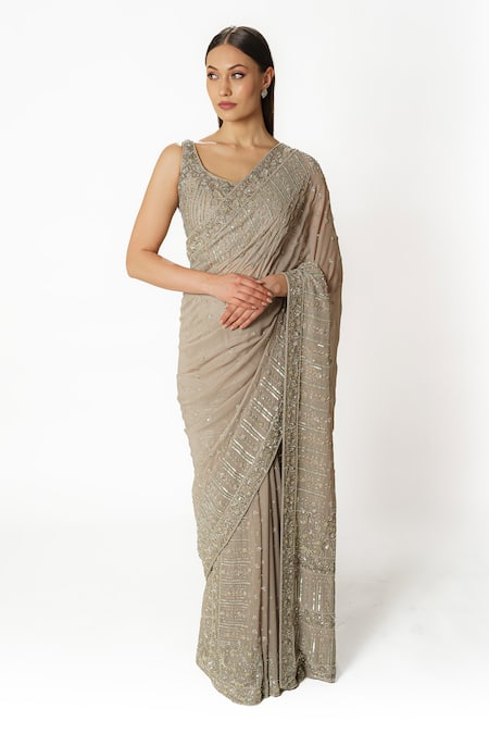Rabani & Rakha Silver Grey Hand Embroidered Saree Set 