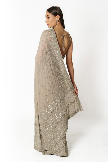 Rabani & Rakha Silver Grey Hand Embroidered Saree Set 