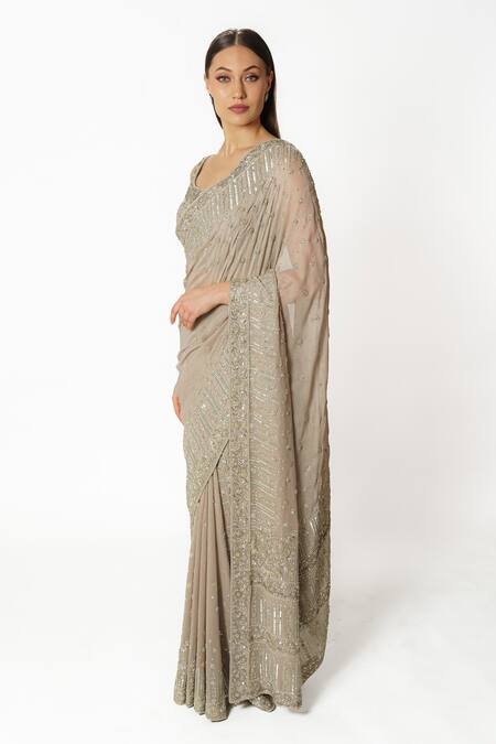 Buy_Rabani & Rakha_Gray Georgette Cut Work, Pearls, Sequins Silver Grey Hand Embroidered Saree Set _Online_at_Aza_Fashions