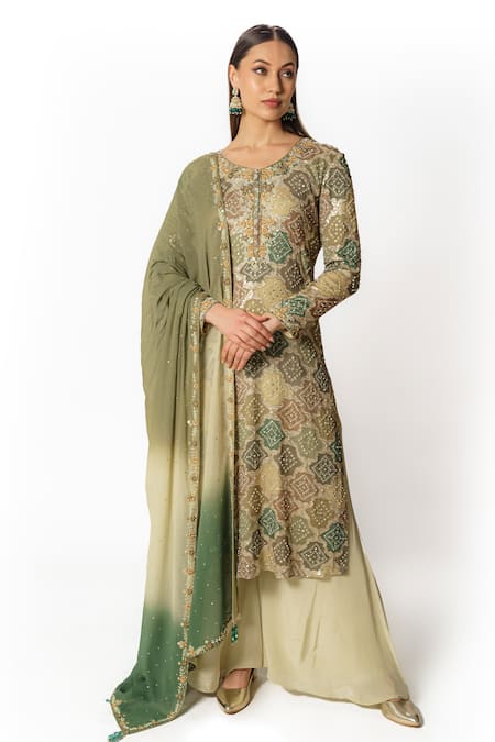 Rabani & Rakha Green Crepe, Georgette Sequins, Bandhani Pattern Embroidered Kurta Palazzo Set 