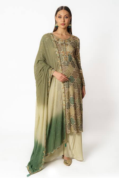 Rabani & Rakha Green Crepe, Georgette Sequins, Bandhani Pattern Embroidered Kurta Palazzo Set Online at Aza Fashions Rabani & Rakha_Green Crepe, Georgette Sequins, Bandhani Pattern Embroidered Kurta Palazzo Set _Online_at_Aza_Fashions