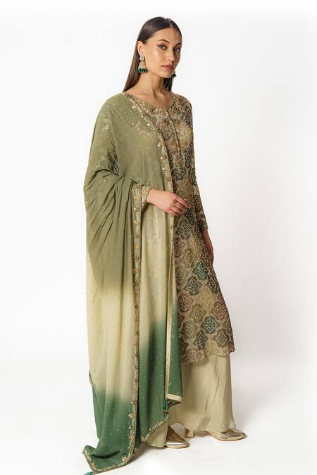 Shop Rabani & Rakha Green Crepe, Georgette Sequins, Bandhani Pattern Embroidered Kurta Palazzo Set Online at Aza Fashions Shop_Rabani & Rakha_Green Crepe, Georgette Sequins, Bandhani Pattern Embroidered Kurta Palazzo Set _Online_at_Aza_Fashions