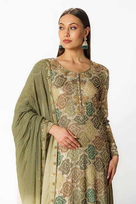 Rabani & Rakha Green Crepe, Georgette Sequins, Bandhani Pattern Embroidered Kurta Palazzo Set at Aza Fashions Rabani & Rakha_Green Crepe, Georgette Sequins, Bandhani Pattern Embroidered Kurta Palazzo Set _at_Aza_Fashions
