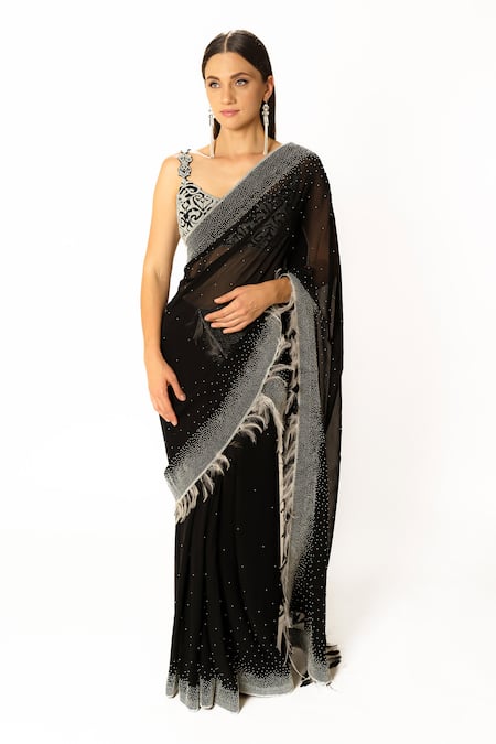 Rabani & Rakha Black Net, Georgette Pearls, Feathers Scoop Neck Peal Embroidered Saree Set 