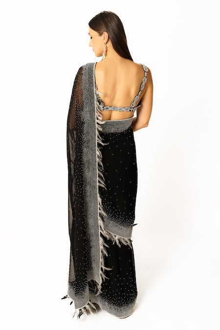 Shop Rabani & Rakha Black Net, Georgette Pearls, Feathers Scoop Neck Peal Embroidered Saree Set at Aza Fashions Shop_Rabani & Rakha_Black Net, Georgette Pearls, Feathers Scoop Neck Peal Embroidered Saree Set _at_Aza_Fashions