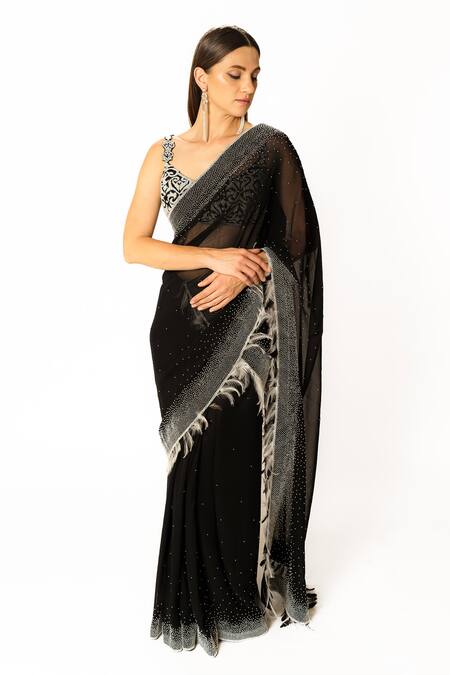 Rabani & Rakha Black Net, Georgette Pearls, Feathers Scoop Neck Peal Embroidered Saree Set Online at Aza Fashions Rabani & Rakha_Black Net, Georgette Pearls, Feathers Scoop Neck Peal Embroidered Saree Set _Online_at_Aza_Fashions