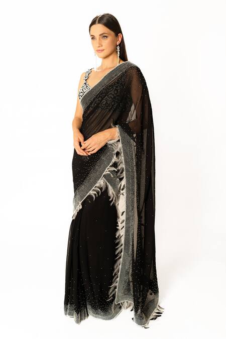 Buy Rabani & Rakha Black Net, Georgette Pearls, Feathers Scoop Neck Peal Embroidered Saree Set Online at Aza Fashions Buy_Rabani & Rakha_Black Net, Georgette Pearls, Feathers Scoop Neck Peal Embroidered Saree Set _Online_at_Aza_Fashions