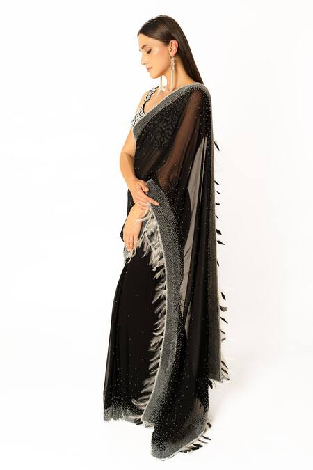 Shop Rabani & Rakha Black Net, Georgette Pearls, Feathers Scoop Neck Peal Embroidered Saree Set Online at Aza Fashions Shop_Rabani & Rakha_Black Net, Georgette Pearls, Feathers Scoop Neck Peal Embroidered Saree Set _Online_at_Aza_Fashions