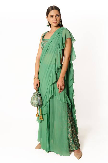 Rabani & Rakha Green Crepe, Georgette Paisley Print Pre-draped Saree Set With Palazzo Online at Aza Fashions Rabani & Rakha_Green Crepe, Georgette Paisley Print Pre-draped Saree Set With Palazzo _Online_at_Aza_Fashions