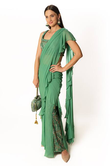Buy Rabani & Rakha Green Crepe, Georgette Paisley Print Pre-draped Saree Set With Palazzo Online at Aza Fashions Buy_Rabani & Rakha_Green Crepe, Georgette Paisley Print Pre-draped Saree Set With Palazzo _Online_at_Aza_Fashions