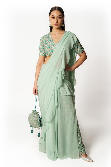 Rabani & Rakha Blue Crepe, Georgette Embroidery, Floral Print Pre-draped Saree Set With Palazzo 
