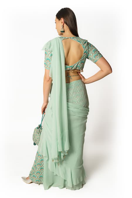 Shop_Rabani & Rakha_Blue Crepe, Georgette Embroidery, Floral Print Pre-draped Saree Set With Palazzo _at_Aza_Fashions