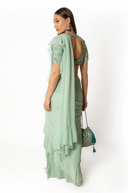 Rabani & Rakha_Blue Crepe, Georgette Embroidery, Floral Print Pre-draped Saree Set With Palazzo _Online_at_Aza_Fashions