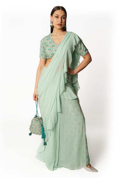 Buy_Rabani & Rakha_Blue Crepe, Georgette Embroidery, Floral Print Pre-draped Saree Set With Palazzo _Online_at_Aza_Fashions