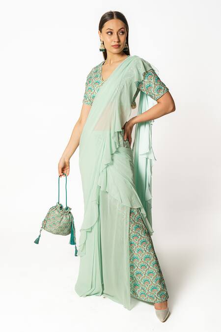 Shop_Rabani & Rakha_Blue Crepe, Georgette Embroidery, Floral Print Pre-draped Saree Set With Palazzo _Online_at_Aza_Fashions
