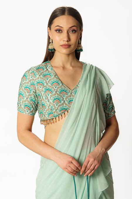 Rabani & Rakha_Blue Crepe, Georgette Embroidery, Floral Print Pre-draped Saree Set With Palazzo _at_Aza_Fashions