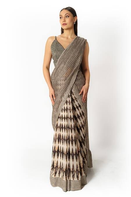 Rabani & Rakha_Black Georgette, Silk Beads, Cut Work Plunge Geometric Pattern Lehenga Saree Set _Online_at_Aza_Fashions