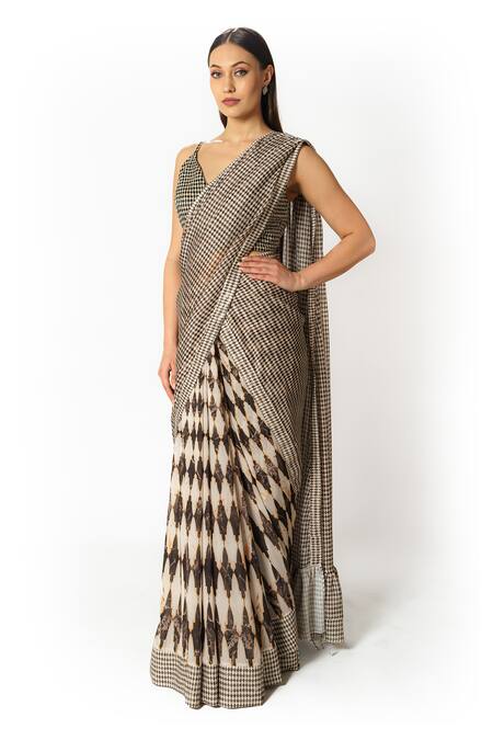 Shop_Rabani & Rakha_Black Georgette, Silk Beads, Cut Work Plunge Geometric Pattern Lehenga Saree Set _Online_at_Aza_Fashions