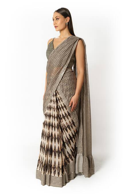 Rabani & Rakha_Black Georgette, Silk Beads, Cut Work Plunge Geometric Pattern Lehenga Saree Set _at_Aza_Fashions