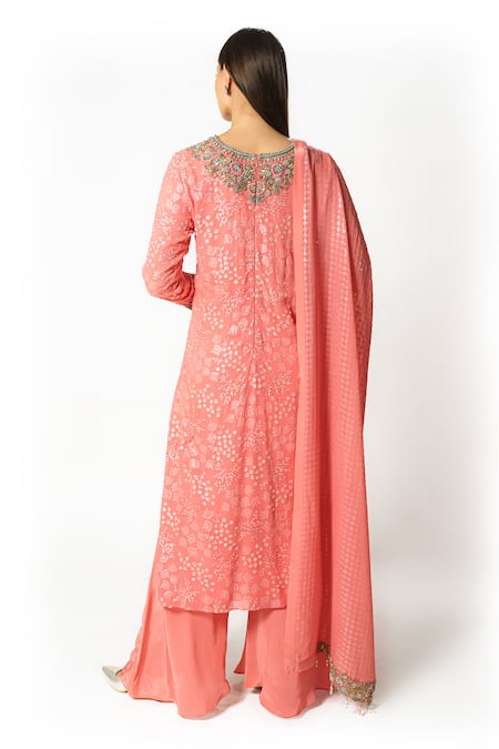 Shop_Rabani & Rakha_Pink Crepe, Georgette Sequins, Pearls Round Neck Embroidered Kurta Palazzo Set _at_Aza_Fashions