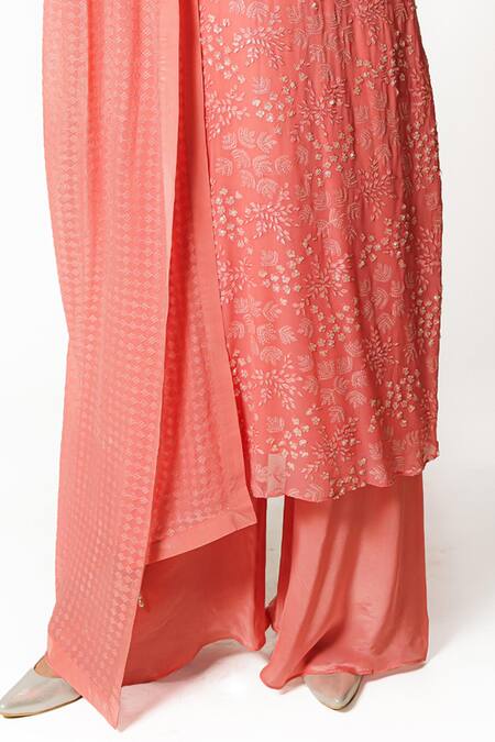 Rabani & Rakha_Pink Crepe, Georgette Sequins, Pearls Round Neck Embroidered Kurta Palazzo Set _Online_at_Aza_Fashions