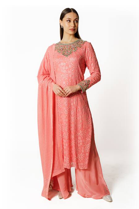 Buy_Rabani & Rakha_Pink Crepe, Georgette Sequins, Pearls Round Neck Embroidered Kurta Palazzo Set _Online_at_Aza_Fashions