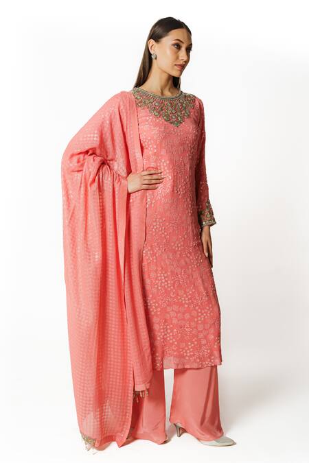 Shop_Rabani & Rakha_Pink Crepe, Georgette Sequins, Pearls Round Neck Embroidered Kurta Palazzo Set _Online_at_Aza_Fashions