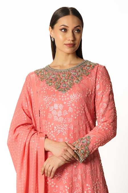 Rabani & Rakha_Pink Crepe, Georgette Sequins, Pearls Round Neck Embroidered Kurta Palazzo Set _at_Aza_Fashions