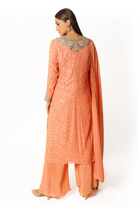 Shop Rabani & Rakha Peach Crepe, Georgette Sequins, Cut Work, Cutdana Embroidered Kurta Palazzo Set at Aza Fashions Shop_Rabani & Rakha_Peach Crepe, Georgette Sequins, Cut Work, Cutdana Embroidered Kurta Palazzo Set _at_Aza_Fashions