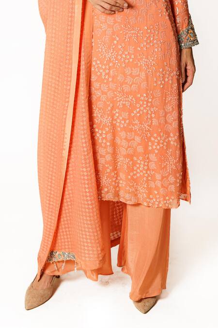 Rabani & Rakha Peach Crepe, Georgette Sequins, Cut Work, Cutdana Embroidered Kurta Palazzo Set Online at Aza Fashions Rabani & Rakha_Peach Crepe, Georgette Sequins, Cut Work, Cutdana Embroidered Kurta Palazzo Set _Online_at_Aza_Fashions