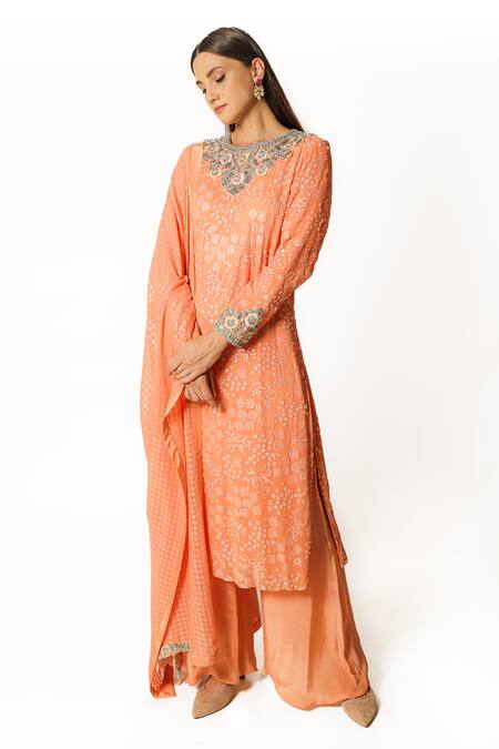 Buy Rabani & Rakha Peach Crepe, Georgette Sequins, Cut Work, Cutdana Embroidered Kurta Palazzo Set Online at Aza Fashions Buy_Rabani & Rakha_Peach Crepe, Georgette Sequins, Cut Work, Cutdana Embroidered Kurta Palazzo Set _Online_at_Aza_Fashions