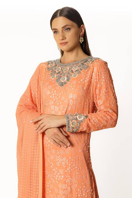 Shop Rabani & Rakha Peach Crepe, Georgette Sequins, Cut Work, Cutdana Embroidered Kurta Palazzo Set Online at Aza Fashions Shop_Rabani & Rakha_Peach Crepe, Georgette Sequins, Cut Work, Cutdana Embroidered Kurta Palazzo Set _Online_at_Aza_Fashions