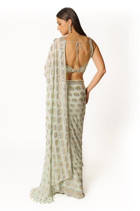 Shop Rabani & Rakha Blue Georgette Sequins, Cut Work Round Neck Embellished Saree With Blouse at Aza Fashions Shop_Rabani & Rakha_Blue Georgette Sequins, Cut Work Round Neck Embellished Saree With Blouse _at_Aza_Fashions