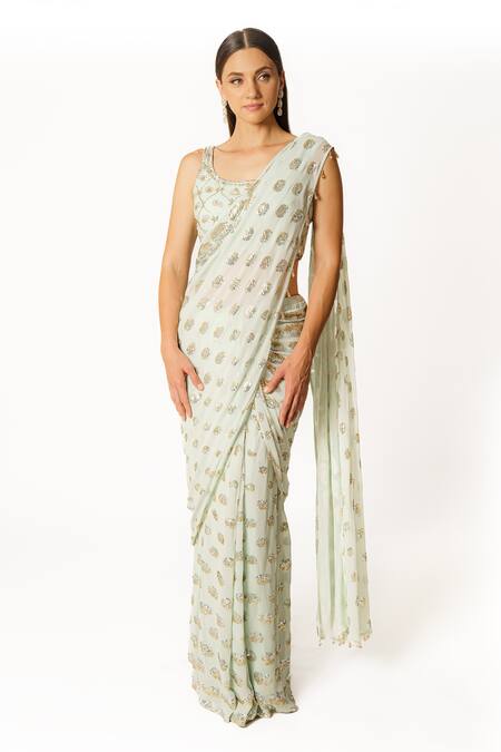 Rabani & Rakha Blue Georgette Sequins, Cut Work Round Neck Embellished Saree With Blouse Online at Aza Fashions Rabani & Rakha_Blue Georgette Sequins, Cut Work Round Neck Embellished Saree With Blouse _Online_at_Aza_Fashions