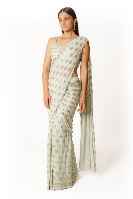 Buy Rabani & Rakha Blue Georgette Sequins, Cut Work Round Neck Embellished Saree With Blouse Online at Aza Fashions Buy_Rabani & Rakha_Blue Georgette Sequins, Cut Work Round Neck Embellished Saree With Blouse _Online_at_Aza_Fashions