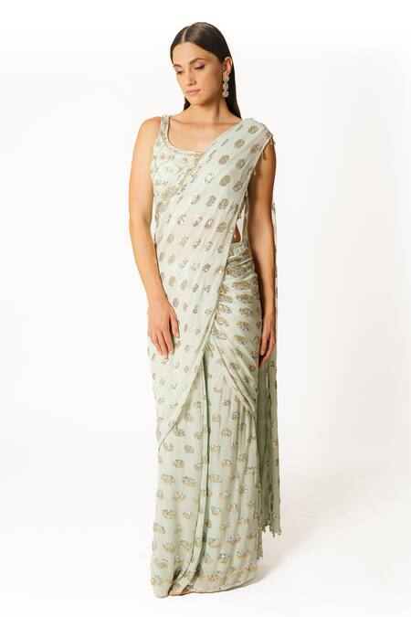 Shop Rabani & Rakha Blue Georgette Sequins, Cut Work Round Neck Embellished Saree With Blouse Online at Aza Fashions Shop_Rabani & Rakha_Blue Georgette Sequins, Cut Work Round Neck Embellished Saree With Blouse _Online_at_Aza_Fashions