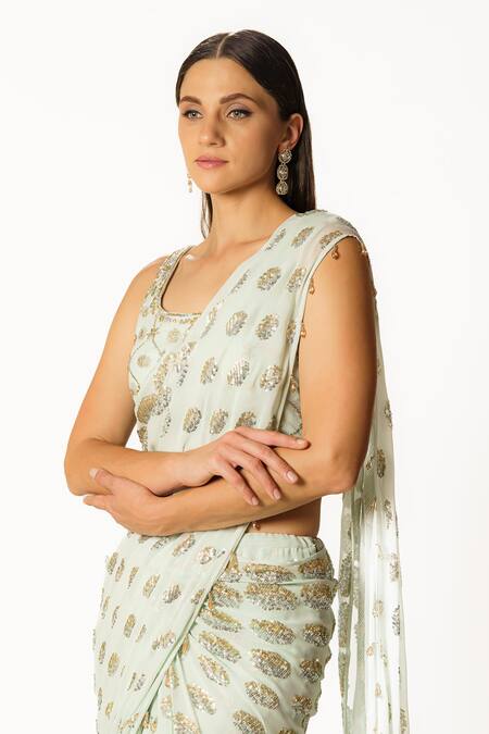 Rabani & Rakha Blue Georgette Sequins, Cut Work Round Neck Embellished Saree With Blouse at Aza Fashions Rabani & Rakha_Blue Georgette Sequins, Cut Work Round Neck Embellished Saree With Blouse _at_Aza_Fashions