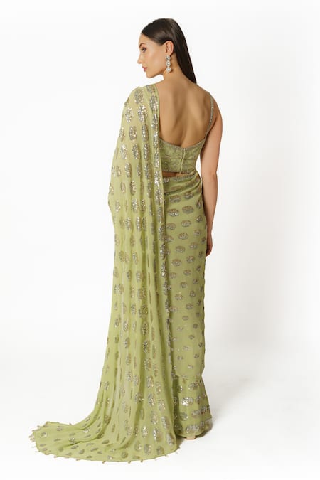 Shop Rabani & Rakha Green Georgette Sequins, Cut Work, Round Pattern Embellished Saree With Blouse at Aza Fashions Shop_Rabani & Rakha_Green Georgette Sequins, Cut Work, Round Pattern Embellished Saree With Blouse _at_Aza_Fashions