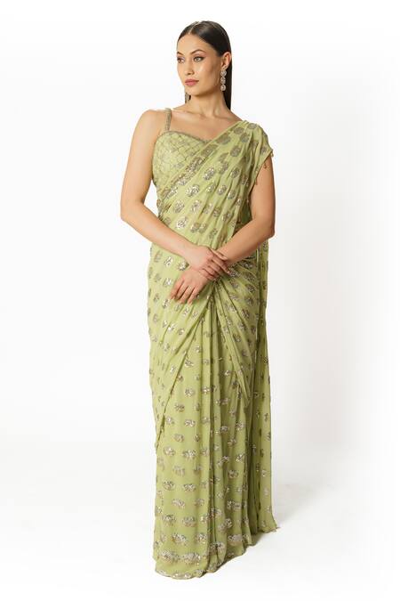 Rabani & Rakha Green Georgette Sequins, Cut Work, Round Pattern Embellished Saree With Blouse Online at Aza Fashions Rabani & Rakha_Green Georgette Sequins, Cut Work, Round Pattern Embellished Saree With Blouse _Online_at_Aza_Fashions