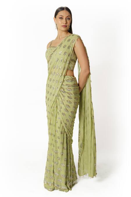 Shop Rabani & Rakha Green Georgette Sequins, Cut Work, Round Pattern Embellished Saree With Blouse Online at Aza Fashions Shop_Rabani & Rakha_Green Georgette Sequins, Cut Work, Round Pattern Embellished Saree With Blouse _Online_at_Aza_Fashions