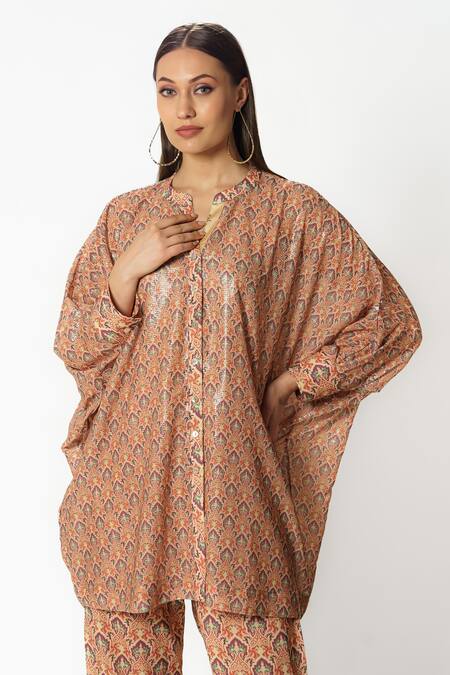Buy Rabani & Rakha Peach Crepe, Georgette Sequins Mandarin Paisley Floral Print Tunic With Palazzo Online at Aza Fashions Buy_Rabani & Rakha_Peach Crepe, Georgette Sequins Mandarin Paisley Floral Print Tunic With Palazzo _Online_at_Aza_Fashions