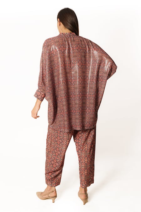 Shop Rabani & Rakha Purple Crepe, Georgette Sequins Mandarin Paisley Floral Print Tunic Palazzo Set at Aza Fashions Shop_Rabani & Rakha_Purple Crepe, Georgette Sequins Mandarin Paisley Floral Print Tunic Palazzo Set _at_Aza_Fashions