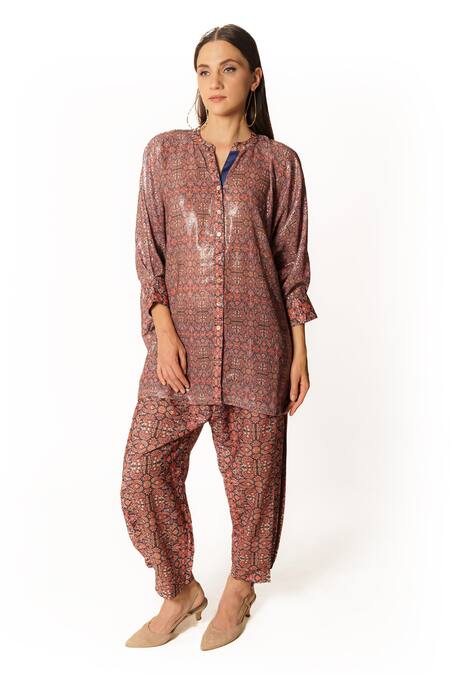 Rabani & Rakha Purple Crepe, Georgette Sequins Mandarin Paisley Floral Print Tunic Palazzo Set Online at Aza Fashions Rabani & Rakha_Purple Crepe, Georgette Sequins Mandarin Paisley Floral Print Tunic Palazzo Set _Online_at_Aza_Fashions