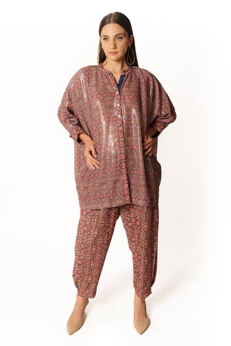 Buy Rabani & Rakha Purple Crepe, Georgette Sequins Mandarin Paisley Floral Print Tunic Palazzo Set Online at Aza Fashions Buy_Rabani & Rakha_Purple Crepe, Georgette Sequins Mandarin Paisley Floral Print Tunic Palazzo Set _Online_at_Aza_Fashions