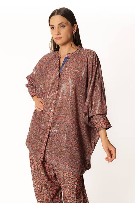 Buy Rabani & Rakha Purple Crepe, Georgette Sequins Mandarin Paisley Floral Print Tunic Palazzo Set Buy_Rabani & Rakha_Purple Crepe, Georgette Sequins Mandarin Paisley Floral Print Tunic Palazzo Set