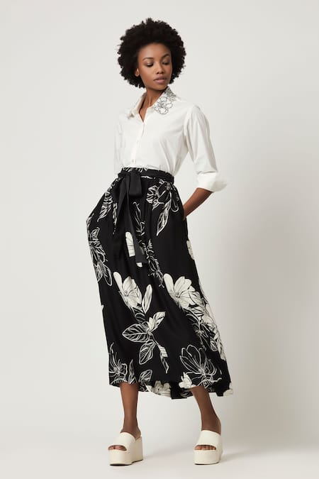 Varun Bahl Black Rayon Printed Floral Blossom Skirt 