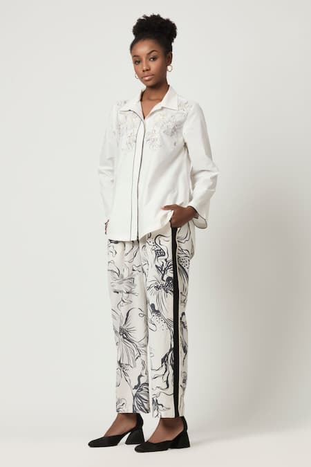 Varun Bahl White Linen Printed Floral Trouser 
