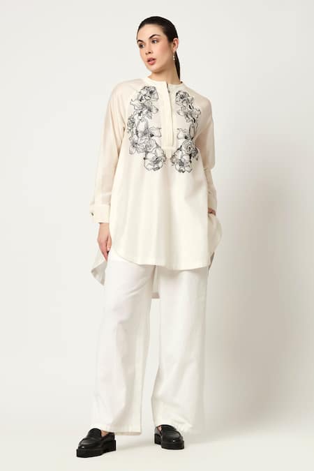 Varun Bahl Ivory Chanderi Embroidered Thread Placement Tunic Top With Trouser 
