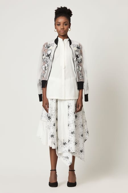 Varun Bahl White Organza And Poplin Applique Floral Jacket Stand Bomber Skirt Set 